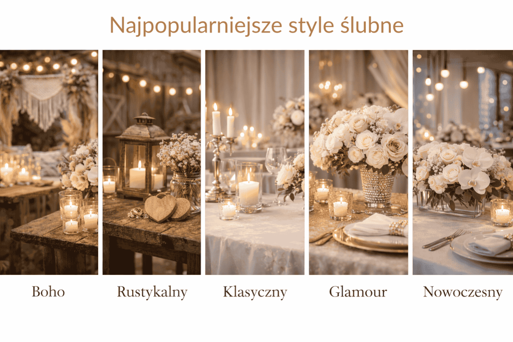 Najpopularniejsze style ślubne – boho i rustykalny, klasyczny, nowoczesny oraz glamour – inspiracje dekoracji ślubnych, kolorystyka i materiały.
akie są najpopularniejsze style ślubne – porównanie stylu boho, klasycznego, nowoczesnego i glamour w dekoracjach ślubnych
